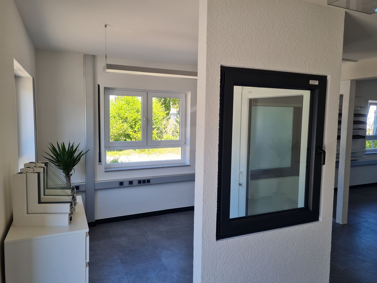 Fensterexponat mit dunklem Rahmen neben weiteren Mustern